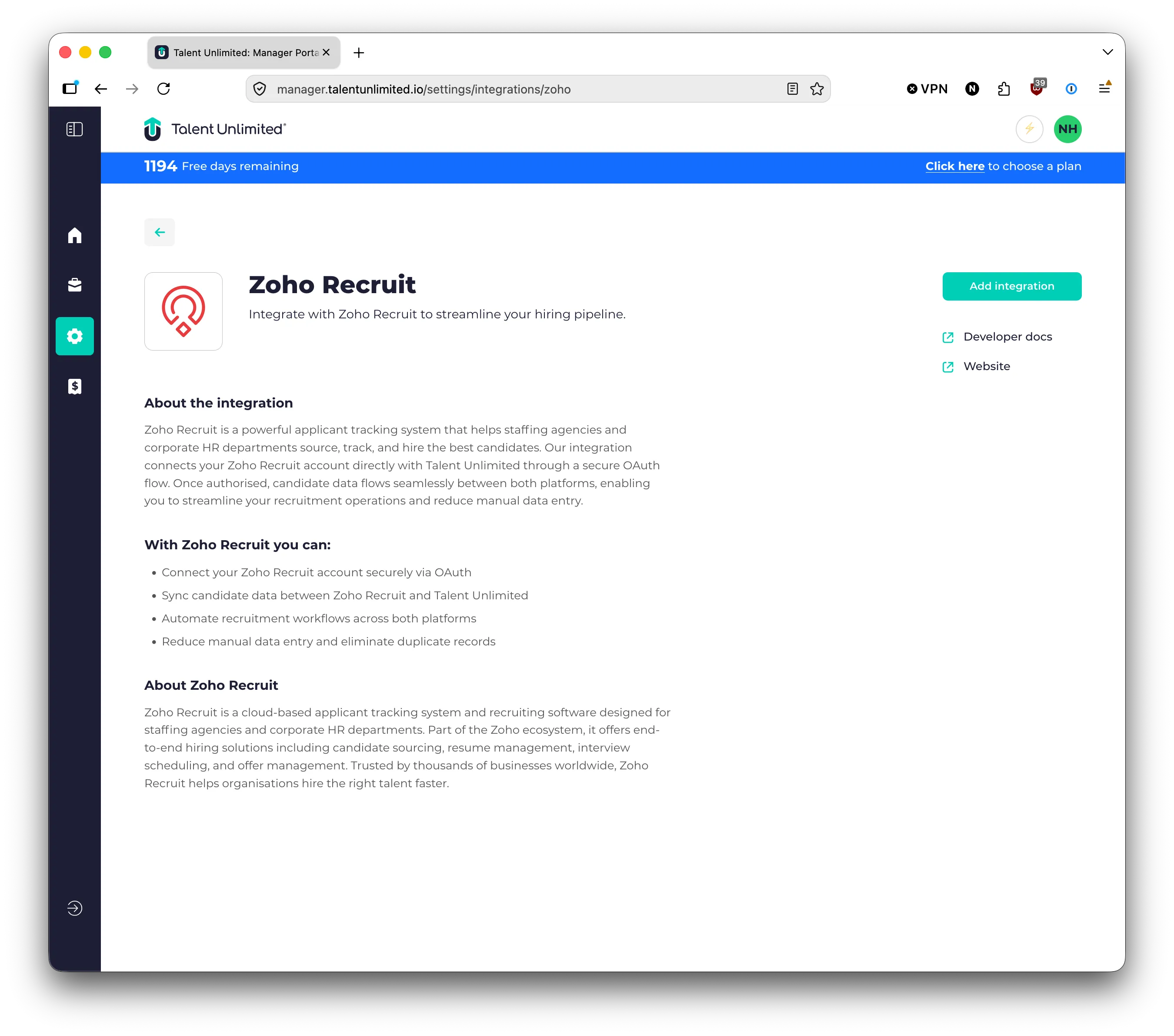 The Zoho Recruit page in Talent Unlimited