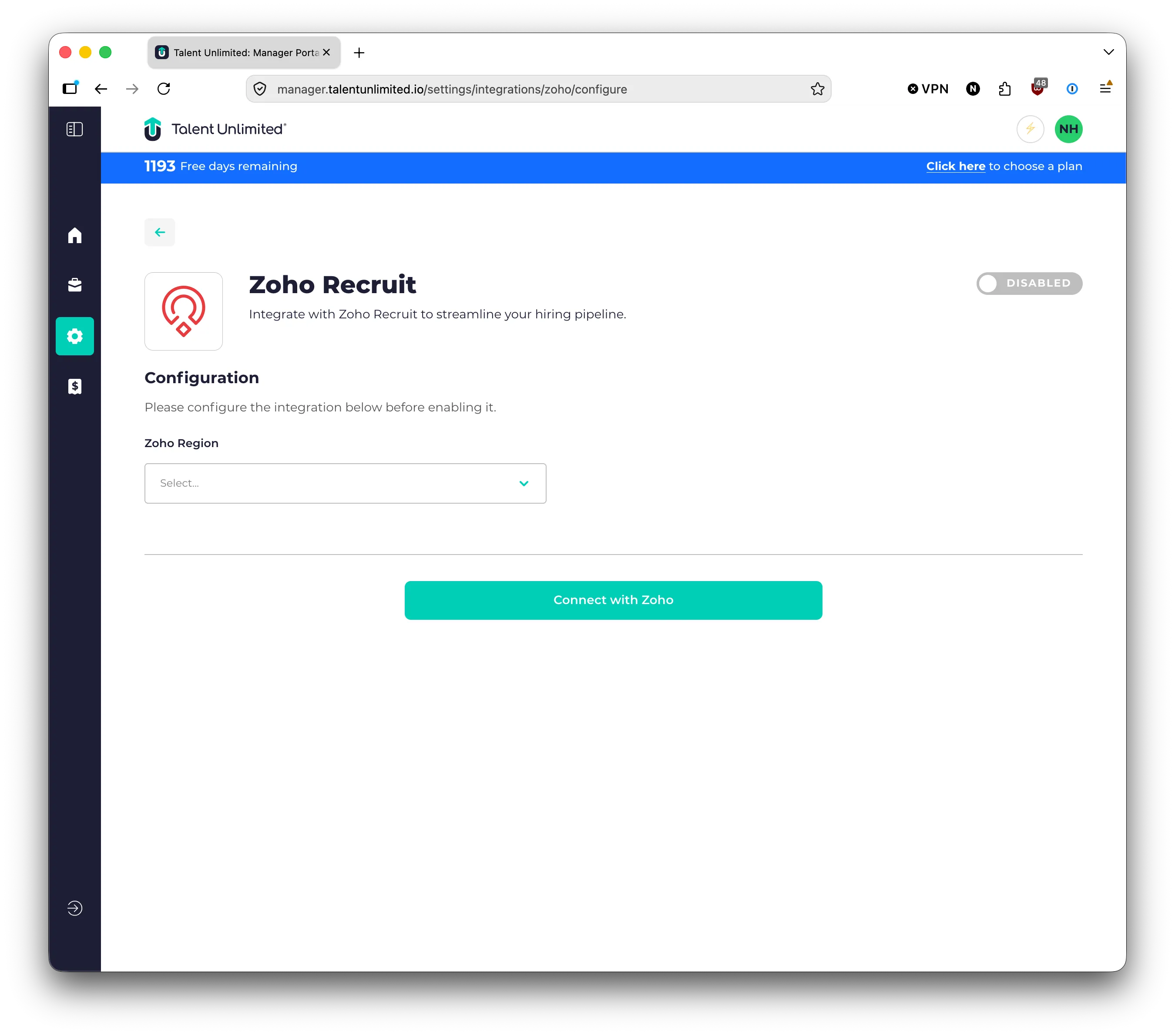 Choose your Zoho region and connect