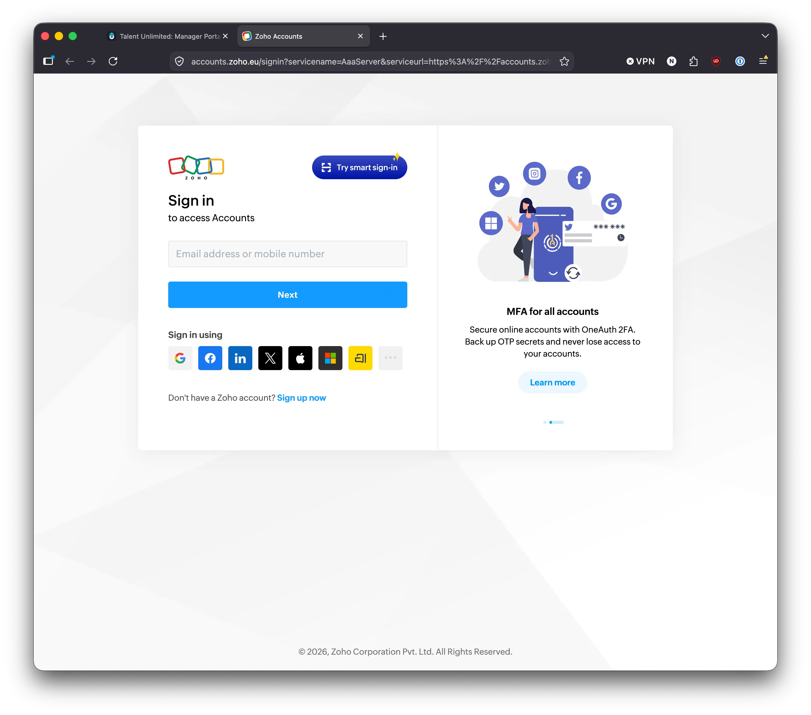 The Zoho sign-in page