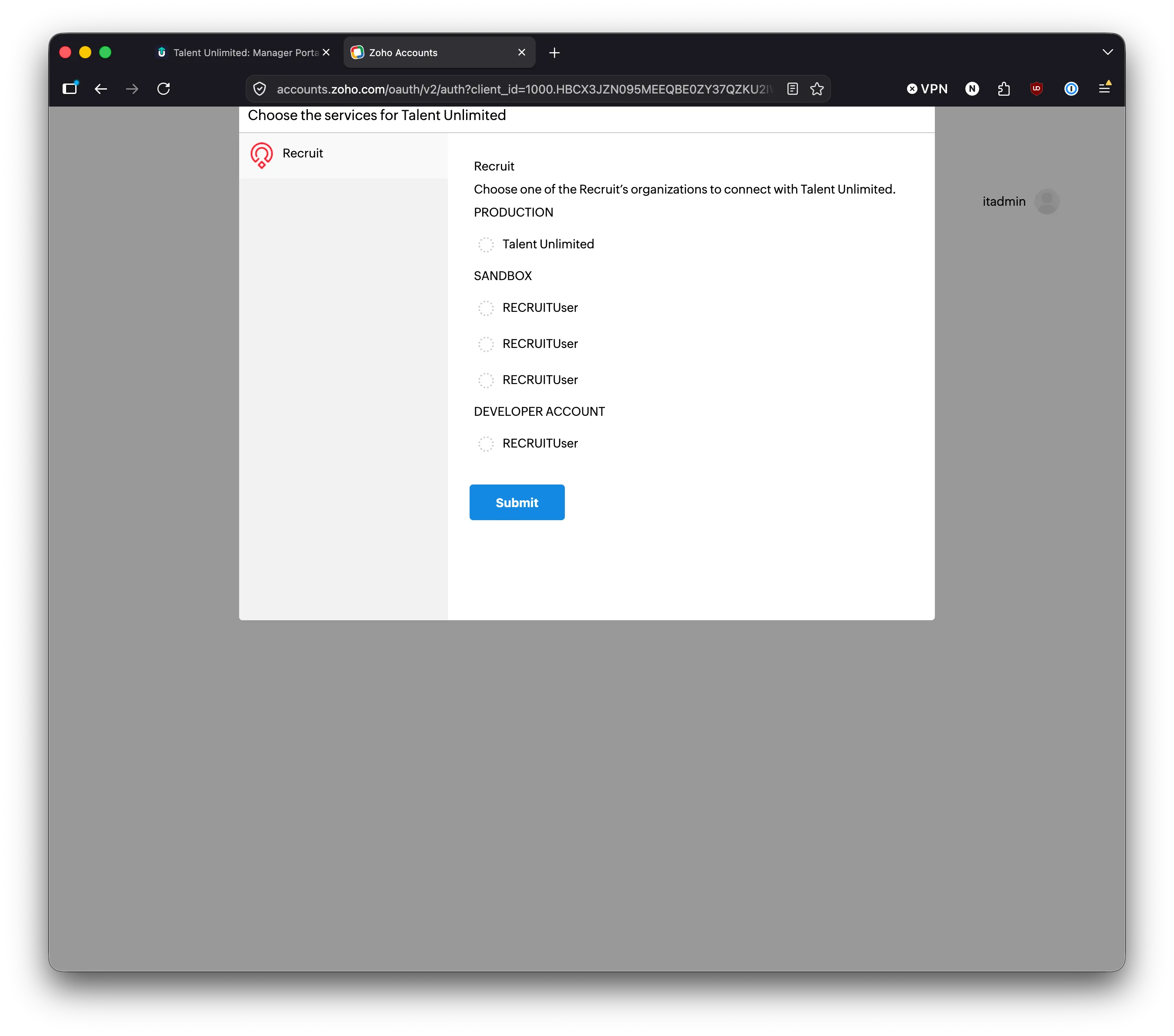 Choose your Zoho Recruit organisation