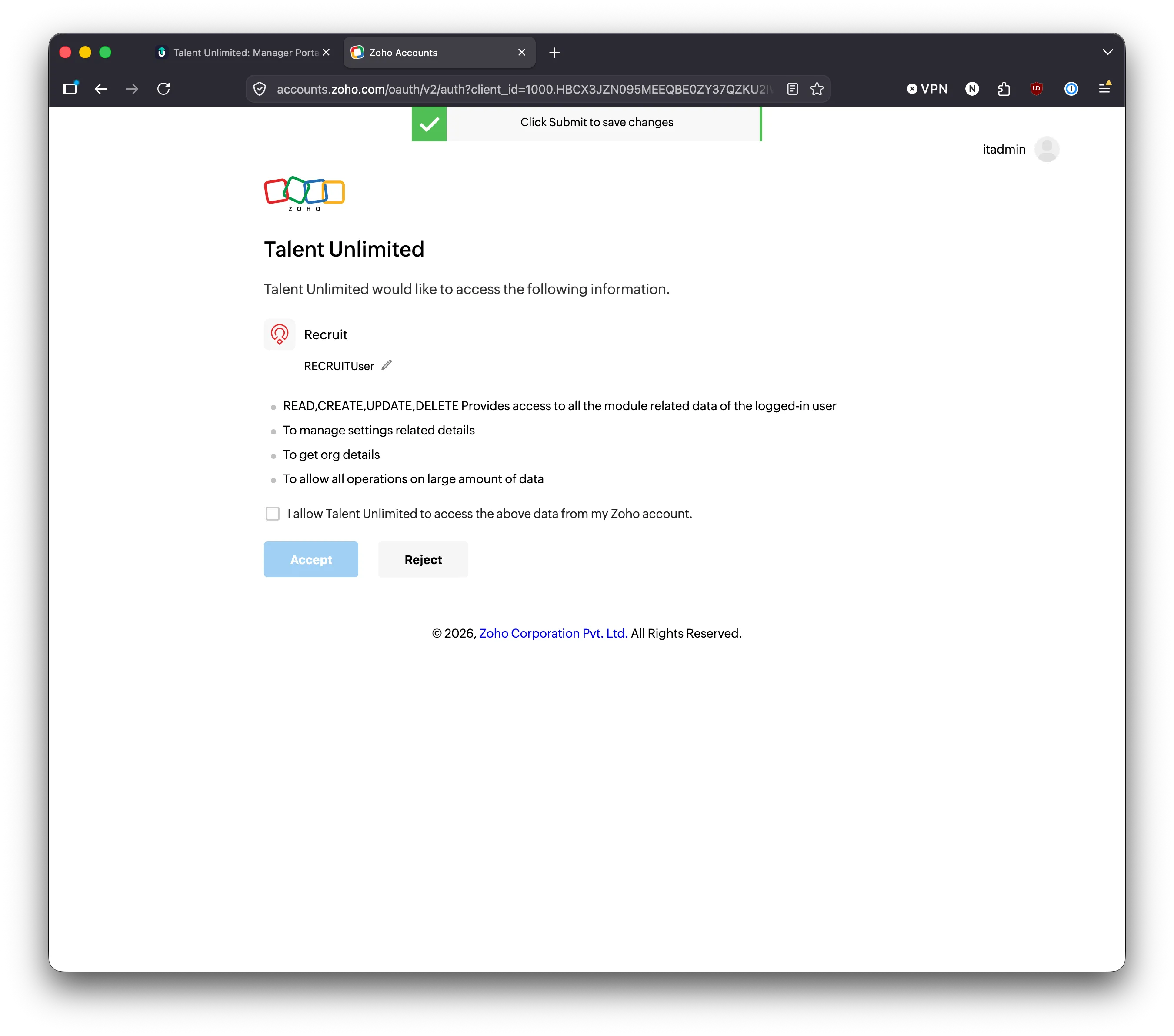 The Zoho consent screen