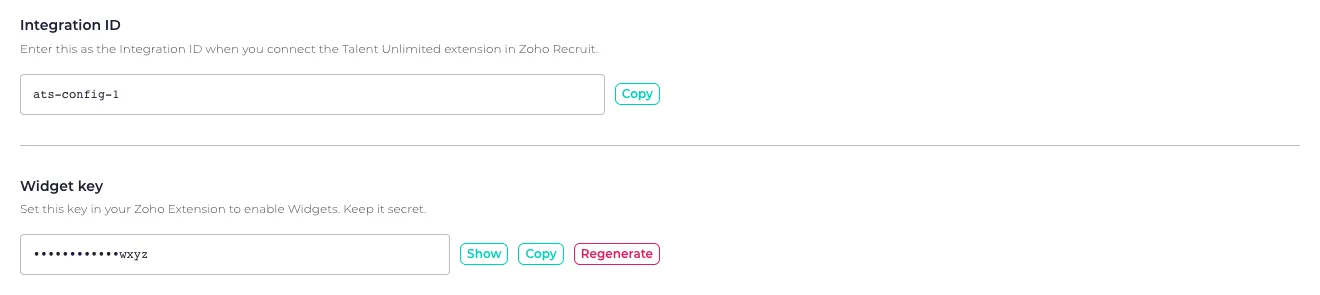 The Integration ID and Widget key sections