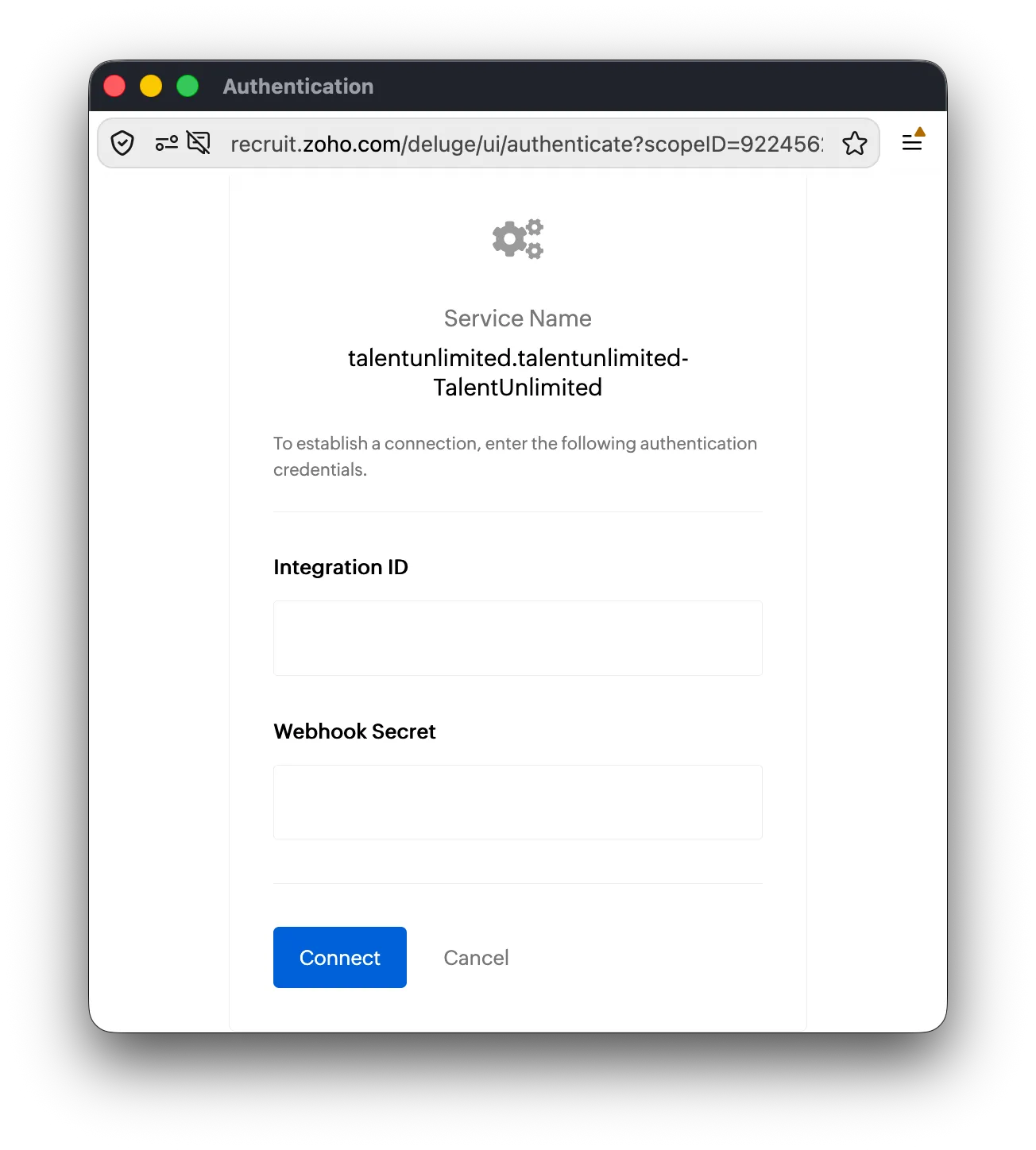 Enter your credentials in Zoho Recruit