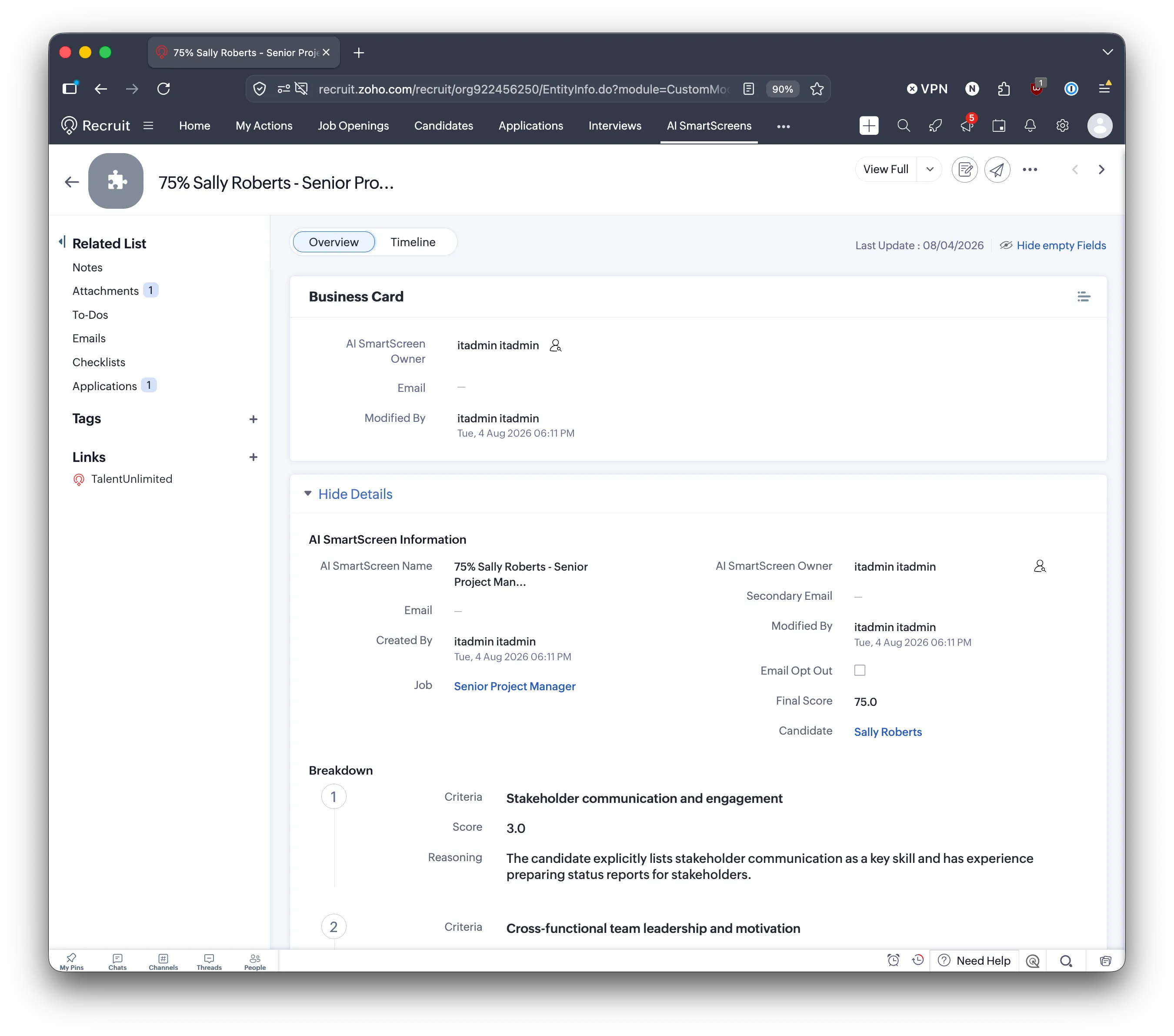 A SmartScreen result in Zoho Recruit
