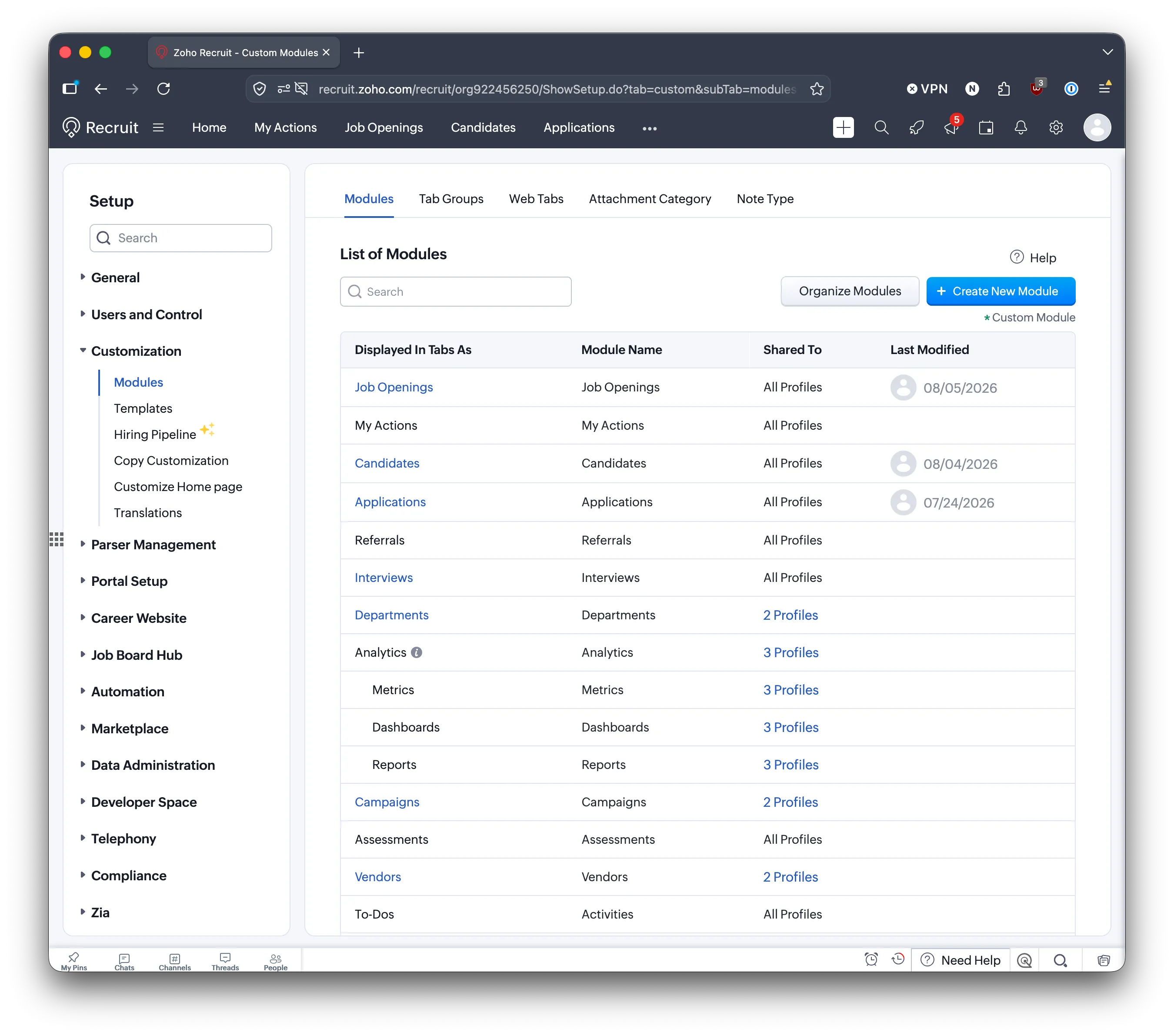 The list of modules in Zoho Recruit