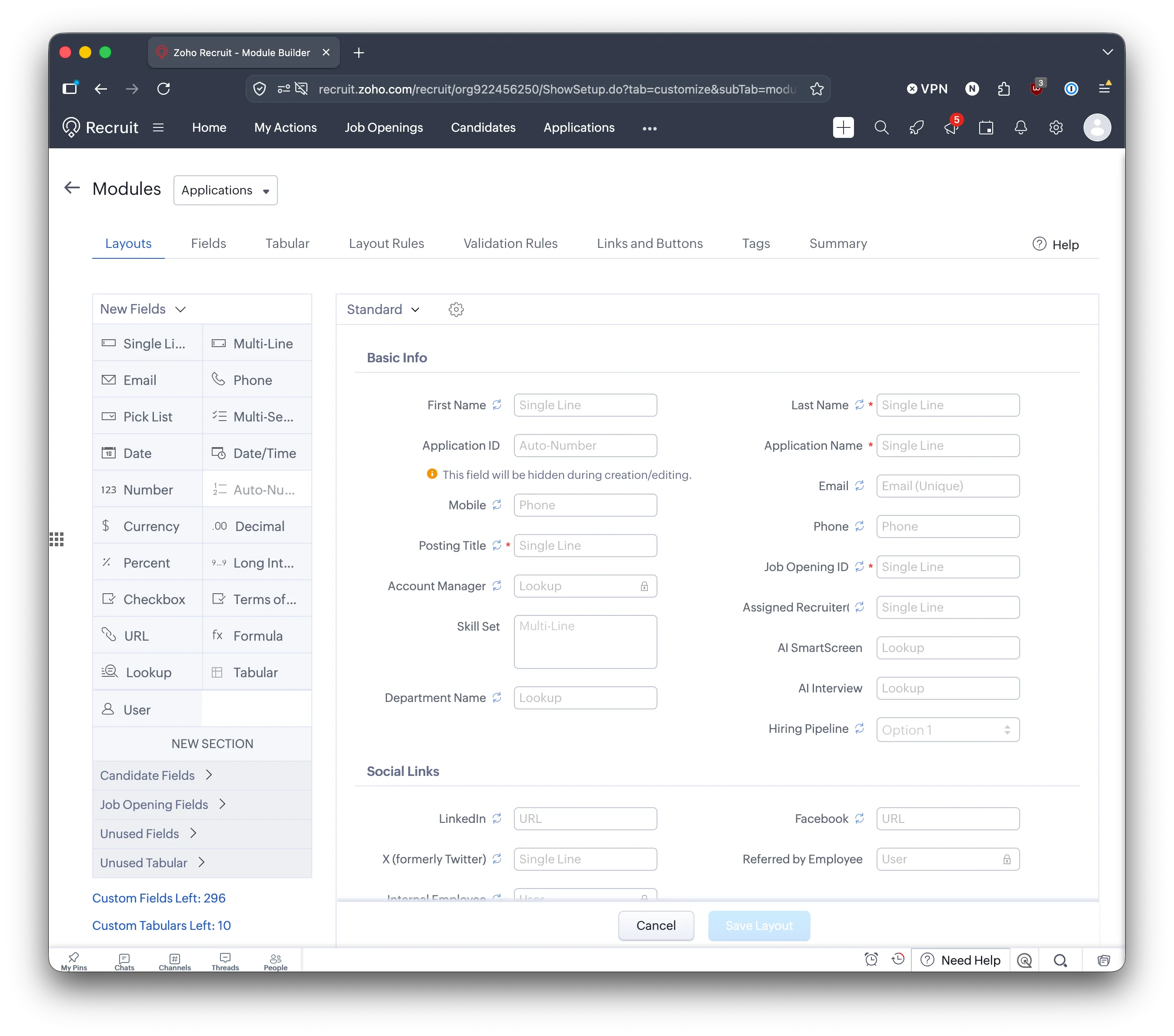 The Applications layout in Zoho Recruit