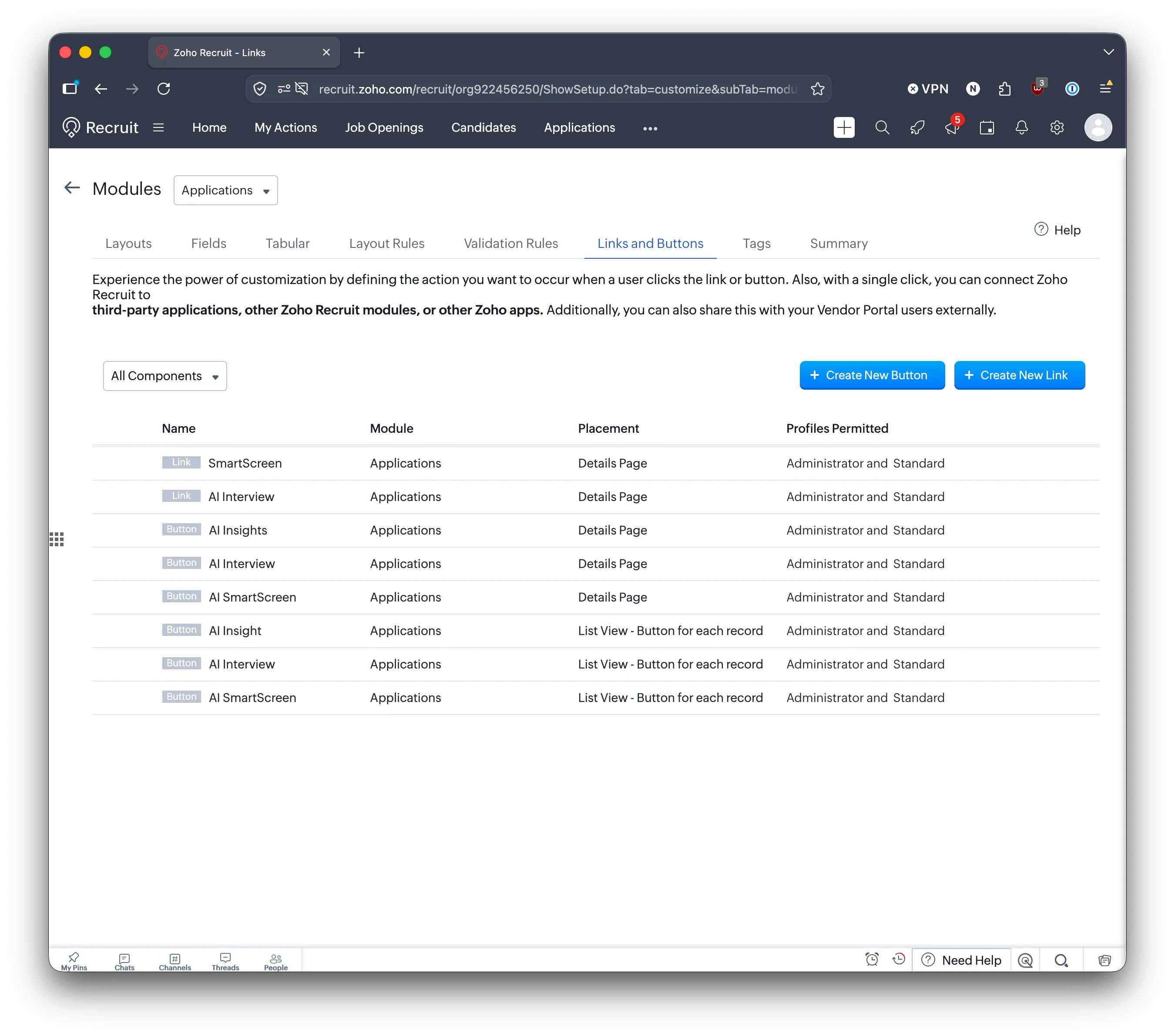 Links and buttons on the Applications module