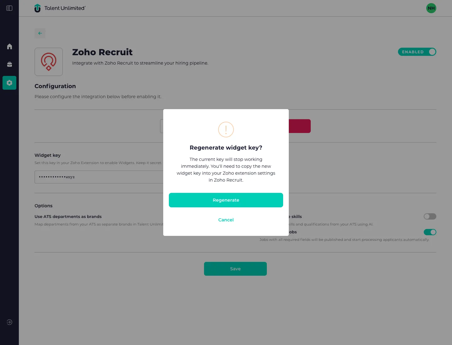 Confirm you want to regenerate the widget key