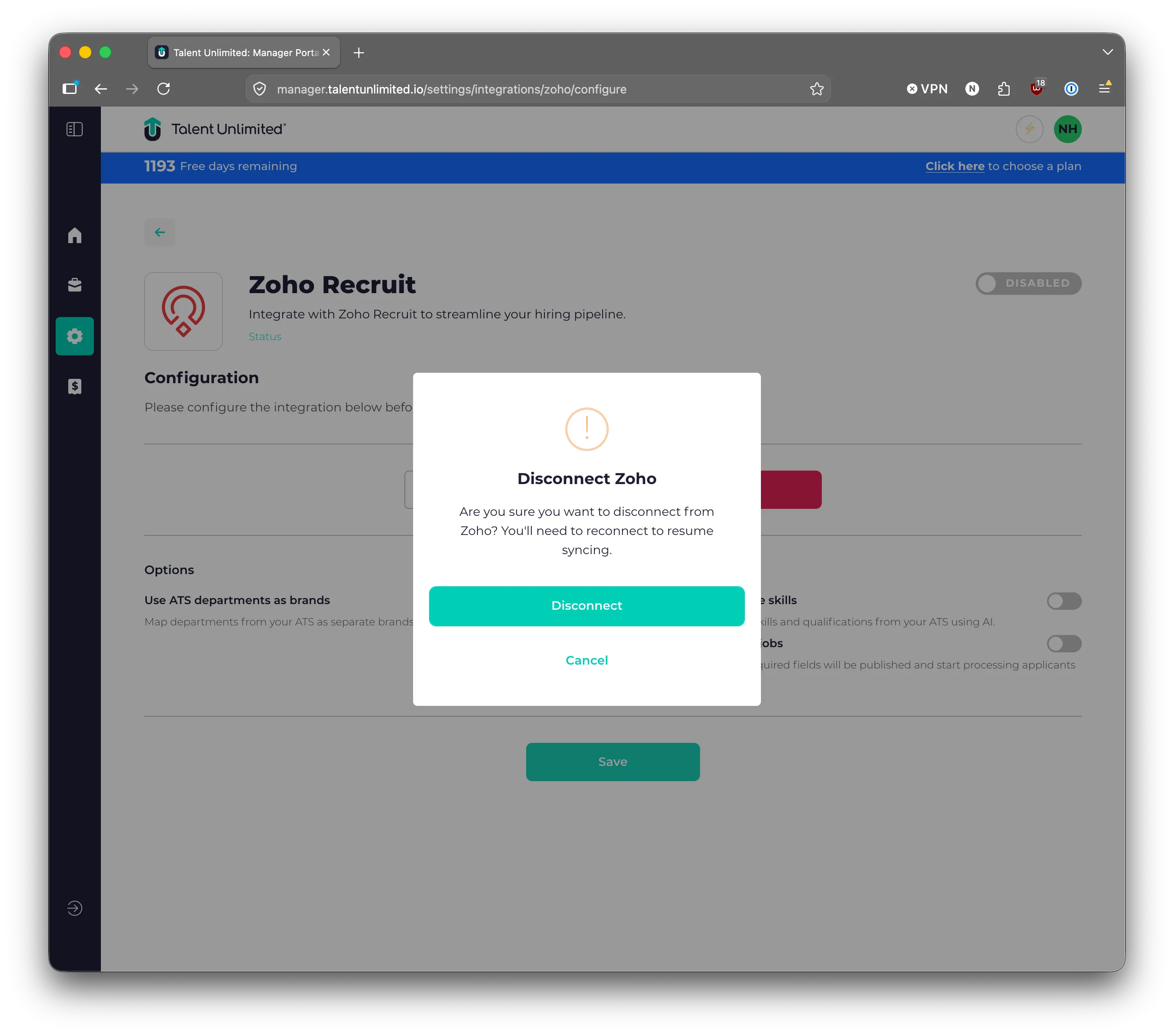 The Disconnect Zoho dialog